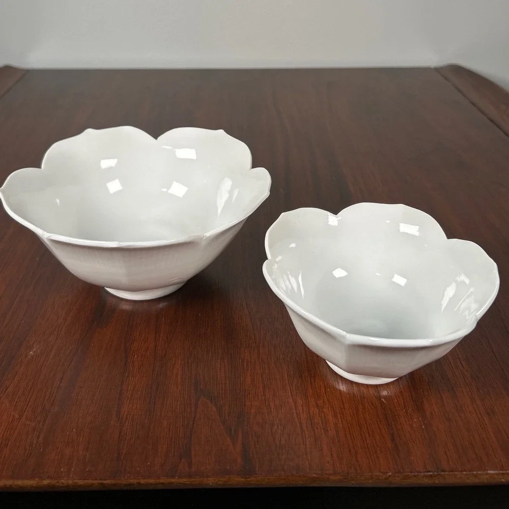Vintage Japanese White Porcelain Lotus Flower Scalloped Nesting Bowls Set of 2
